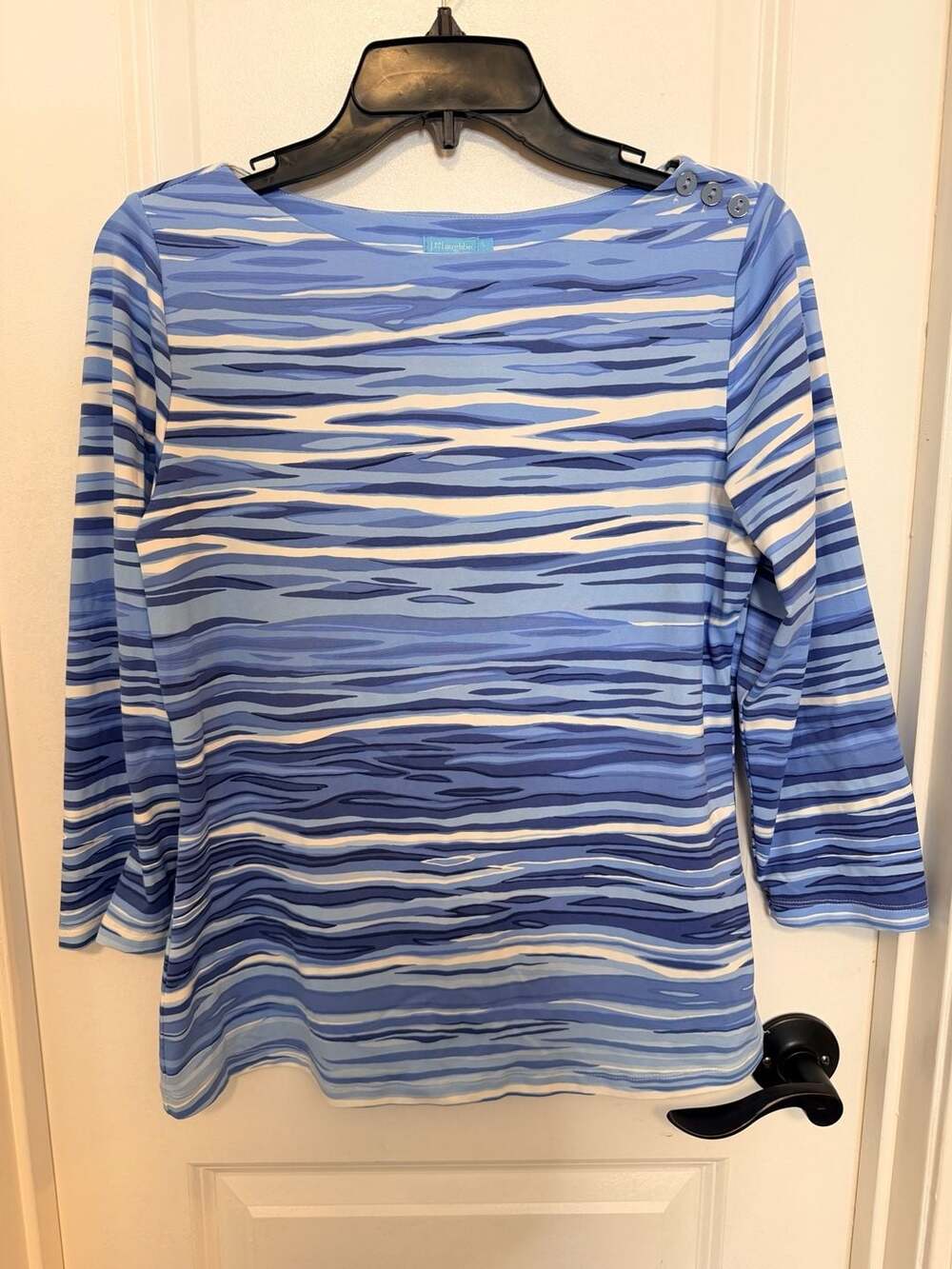 J. McLaughlin Blue Wavy Stripe Boatneck Top Size S